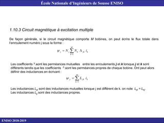 1.10.3 Circuit magnétique à excitation multiple
De façon générale, si le circuit magnétique comporte M bobines, on peut écrire le flux totale dans
l’enroulement numéro j sous la forme :




M
k
k
jk
k
j
j i
N
N
1

Les coefficients sont les perméances mutuelles entre les enroulements j et k lorsque j et k sont
différents tandis que les coefficients sont les perméances propres de chaque bobine. Ont peut alors
définir des inductances en écrivant :
jk

jj




M
k
k
jk
j i
L
1

Les inductances Ljk sont des inductances mutuelles lorsque j est différent de k. on note Ljk = Lkj.
Les inductances Ljj sont des inductances propres.
ENISO 2018-2019
École Nationale d’Ingénieurs de Sousse ENISO
 