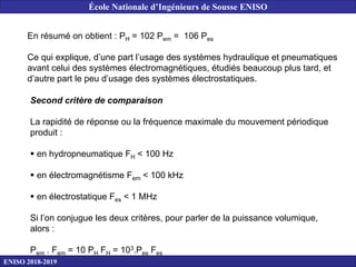 En résumé on obtient : PH = 102 Pem = 106 Pes
Ce qui explique, d’une part l’usage des systèmes hydraulique et pneumatiques
avant celui des systèmes électromagnétiques, étudiés beaucoup plus tard, et
d’autre part le peu d’usage des systèmes électrostatiques.
Second critère de comparaison
La rapidité de réponse ou la fréquence maximale du mouvement périodique
produit :
 en hydropneumatique FH < 100 Hz
 en électromagnétisme Fem < 100 kHz
 en électrostatique Fes < 1 MHz
Si l’on conjugue les deux critères, pour parler de la puissance volumique,
alors :
Pem . Fem = 10 PH FH = 103.Pes Fes
ENISO 2018-2019
École Nationale d’Ingénieurs de Sousse ENISO
 