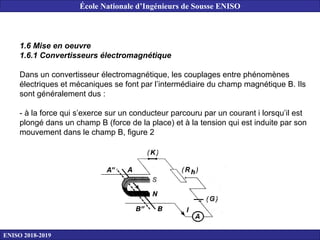 1.6 Mise en oeuvre
1.6.1 Convertisseurs électromagnétique
Dans un convertisseur électromagnétique, les couplages entre phénomènes
électriques et mécaniques se font par l’intermédiaire du champ magnétique B. Ils
sont généralement dus :
- à la force qui s’exerce sur un conducteur parcouru par un courant i lorsqu’il est
plongé dans un champ B (force de la place) et à la tension qui est induite par son
mouvement dans le champ B, figure 2
ENISO 2018-2019
École Nationale d’Ingénieurs de Sousse ENISO
 