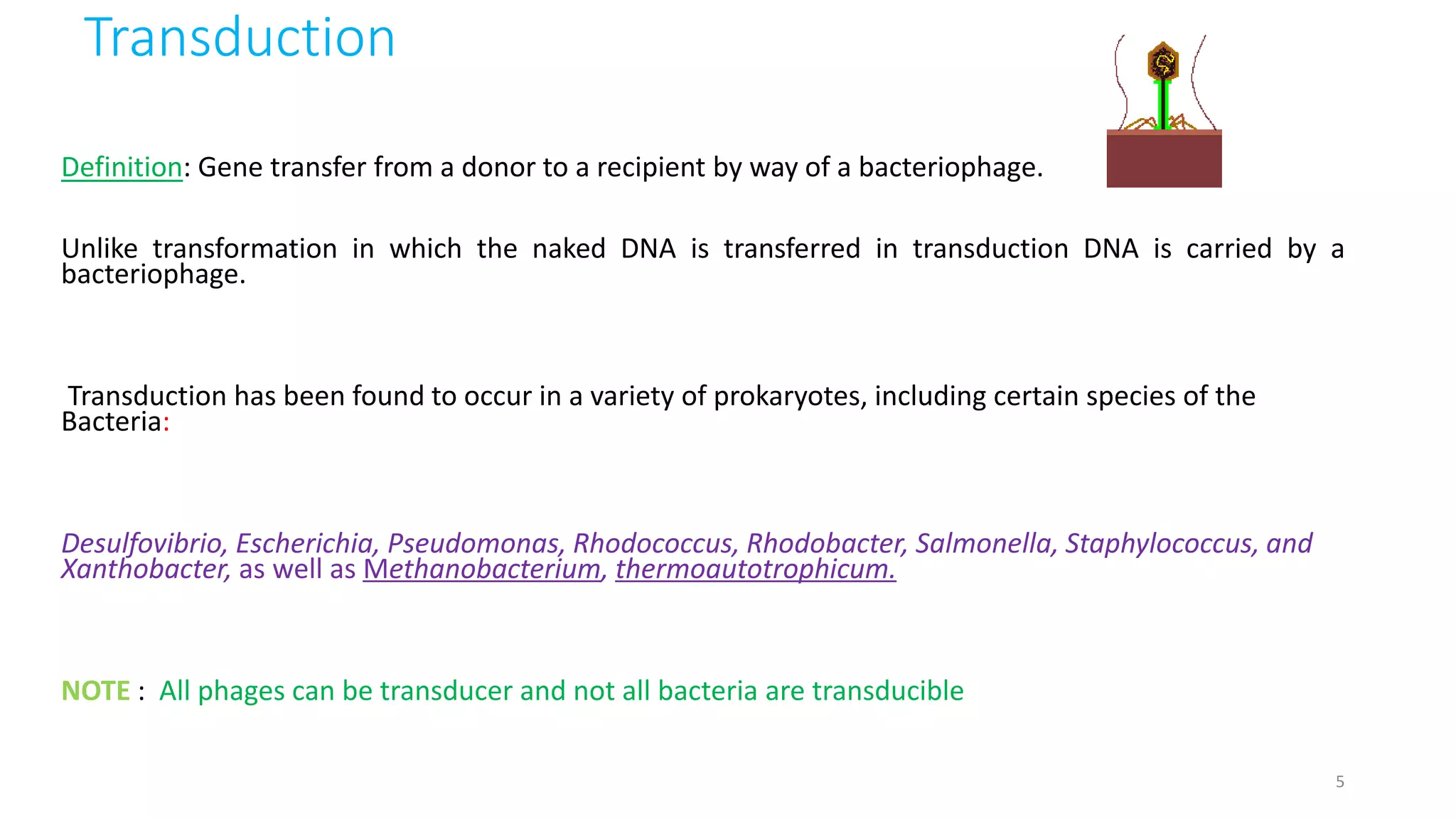 Transduction
Definition: Gene transfer from a donor to a recipient by way of a bacteriophage.
Unlike transformation in which the naked DNA is transferred in transduction DNA is carried by a
bacteriophage.
Transduction has been found to occur in a variety of prokaryotes, including certain species of the
Bacteria:
Desulfovibrio, Escherichia, Pseudomonas, Rhodococcus, Rhodobacter, Salmonella, Staphylococcus, and
Xanthobacter, as well as Methanobacterium, thermoautotrophicum.
NOTE : All phages can be transducer and not all bacteria are transducible
5
 