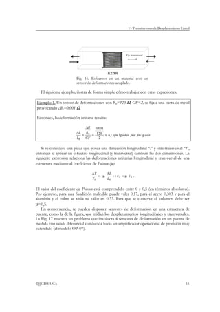 13 Transductores de Desplazamiento Lineal




                                                         Eje transversal




                                             R±∆R
                        Fig. 16. Esfuerzos en un material con un
                        sensor de deformaciones acoplado.

   El siguiente ejemplo, ilustra de forma simple cómo trabajar con estas expresiones.

Ejemplo 1. Un sensor de deformaciones con R0=120 Ω, GF=2, se fija a una barra de metal
provocando ∆R=0,001 Ω.

Entonces, la deformación unitaria resulta:

                            ∆R   0,001
                        ∆L R0
                          =    = 120 ≅ 4,1 µpu lg adas por pu lg ada
                        L0 GF      2

   Si se considera una pieza que posea una dimensión longitudinal “l” y otra transversal “t”,
entonces al aplicar un esfuerzo longitudinal (y transversal) cambian las dos dimensiones. La
siguiente expresión relaciona las deformaciones unitarias longitudinal y transversal de una
estructura mediante el coeficiente de Poisson (µ):

                                  ∆T        ∆L
                                     = −µ ⋅    ↔ εT = µ ⋅ ε L .
                                  T0        L0

El valor del coeficiente de Poisson está comprendido entre 0 y 0,5 (en términos absolutos).
Por ejemplo, para una fundición maleable puede valer 0,17, para el acero 0,303 y para el
aluminio y el cobre se sitúa su valor en 0,33. Para que se conserve el volumen debe ser
µ=0,5.
   En consecuencia, se pueden disponer sensores de deformación en una estructura de
puente, como la de la figura, que midan los desplazamientos longitudinales y transversales.
La Fig. 17 muestra un problema que involucra 4 sensores de deformación en un puente de
medida con salida diferencial conducida hacia un amplificador operacional de precisión muy
extendido (el modelo OP-07).




©JJGDR-UCA                                                                                      15
 