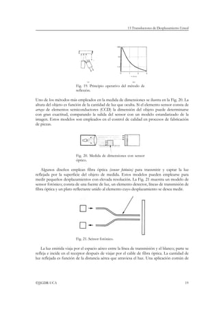 13 Transductores de Desplazamiento Lineal




                         Fig. 19. Principio operativo del método de
                         reflexión.

Uno de los métodos más empleados en la medida de dimensiones se ilustra en la Fig. 20. La
altura del objeto es función de la cantidad de luz que oculta. Si el elemento sensor consta de
arrays de elementos semiconductores (CCD) la dimensión del objeto puede determinarse
con gran exactitud, comparando la salida del sensor con un modelo estandarizado de la
imagen. Estos modelos son empleados en el control de calidad en procesos de fabricación
de piezas.




                         Fig. 20. Medida de dimensiones con sensor
                         óptico.

   Algunos diseños emplean fibra óptica (sensor fotónico) para transmitir y captar la luz
reflejada por la superficie del objeto de medida. Estos modelos pueden emplearse para
medir pequeños desplazamientos con elevada resolución. La Fig. 21 muestra un modelo de
sensor fotónico; consta de una fuente de luz, un elemento detector, líneas de transmisión de
fibra óptica y un plato reflectante unido al elemento cuyo desplazamiento se desea medir.




                         Fig. 21. Sensor fotónico.

   La luz emitida viaja por el espacio aéreo entre la línea de transmisión y el blanco; parte se
refleja e incide en el receptor después de viajar por el cable de fibra óptica. La cantidad de
luz reflejada es función de la distancia aérea que atraviesa el haz. Una aplicación común de




©JJGDR-UCA                                                                                     19
 