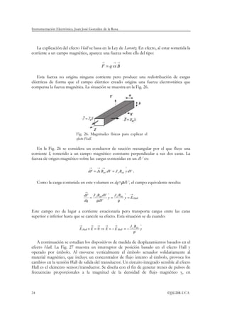 Instrumentación Electrónica. Juan José González de la Rosa




   La explicación del efecto Hall se basa en la Ley de Lorentz. En efecto, al estar sometida la
corriente a un campo magnético, aparece una fuerza sobre ella del tipo:

                                                  →       → →
                                                  F = q vx B

   Esta fuerza no origina ninguna corriente pero produce una redistribución de cargas
eléctricas de forma que el campo eléctrico creado origina una fuerza electrostática que
compensa la fuerza magnética. La situación se muestra en la Fig. 26.




                             Fig. 26. Magnitudes físicas para explicar el
                             efecto Hall.

   En la Fig. 26 se considera un conductor de sección rectangular por el que fluye una
corriente I, sometido a un campo magnético constante perpendicular a sus dos caras. La
fuerza de origen magnético sobre las cargas contenidas en un dV es:

                                        →     → →                ^
                                        dF = Jx Bex dV = J z Bex y dV .


     Como la carga contenida en este volumen es dq=ρdV, el campo equivalente resulta:

                                    →
                                    dF J z Bex dV ^ J z Bex ^ →
                                       =          y=        y = E Hall
                                    dq    ρdV          ρ

Este campo no da lugar a corriente estacionaria pero transporta cargas entre las caras
superior e inferior hasta que se cancele su efecto. Esta situación se da cuando:

                                →        →    →       →   →          J z Bex ^
                                E Hall + E = 0 ⇒ E = − E Hall = −            y
                                                                        ρ

   A continuación se estudian los dispositivos de medida de desplazamientos basados en el
efecto Hall. La Fig. 27 muestra un interruptor de posición basado en el efecto Hall y
operado por émbolo. Al moverse verticalmente el émbolo actuador solidariamente al
material magnético, que incluye un concentrador de flujo interno al émbolo, provoca los
cambios en la tensión Hall de salida del transductor. Un circuito integrado sensible al efecto
Hall es el elemento sensor/transductor. Se diseña con el fin de generar trenes de pulsos de
frecuencias proporcionales a la magnitud de la densidad de flujo magnético y, en



24                                                                               ©JJGDR-UCA
 