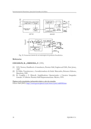 Instrumentación Electrónica. Juan José González de la Rosa




          Fig. 32. Estructura interna de un interruptor de posición fotoelécrico.

Referencias

COUGHLIN, R. y DRISCOLL, F. (1993).

[1]   H.N. Norton, Handbook of transducers, Prentice Hall, Englewood Cliffs, New Jersey,
      1987.
[2]   R. Pallás, Transductores y Acondicionadores de Señal. Marcombo, Boixareu Editores,
      Barcelona, 1989.
[3]   R. Coughlin y F. Driscoll, Amplificadores Operacionales y Circuitos Integrados
      Lineales. 4ª Edición. Prentice-Hall Hispanoamericana. México, 1993.

Páginas web consultadas, incluyendo tópico y año de consulta:
Efecto Hall (2003): http://www.gr.ssr.upm.es/eym/www/eym5/sld0098.htm




28                                                                                  ©JJGDR-UCA
 