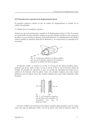 13 Transductores de Desplazamiento Lineal




13.5 Transductores capacitivos de desplazamiento lineal

Su principio operativo consiste en que un cambio de desplazamiento se traduce en un
cambio de capacidad.

5.1 Modelos básicos de transductores capacitivos

Existen tres tipos de transductores capacitivos de desplazamiento lineal. La Fig. 10 muestra
un condensador de placas paralelas compuesto por dos cilindros metálicos, que constituyen
las placas, en cuyo interior se deposita el material dieléctrico. El desplazamiento del cilindro
interior modifica la superficie abarcada de dieléctrico y, en consecuencia, la capacidad de la
asociación.




                          Fig. 10. Condensador cilíndrico de placas paralelas
                          que muestra el principio operativo del transductor
                          capacitivo. Se señalan con flechas las placas.

    El segundo modelo se muestra en la Fig. 11. Consta de dos placas metálicas plano-
paralelas, una de las cuales es fija y la otra es móvil. A ella se une el elemento objeto de
medida. El principio de operación es pues un cambio de capacidad provocado por el
cambio en la distancia entre las placas. Estos dos modelos emplean aire como medio
dieléctrico entre las placas. Estos dos modelos emplean aire como medio dieléctrico entre
las placas.




                                   (a)                (b)
                                   Fig. 11. (a) Transductor capacitivo
                                   con dos placas plano-paralelas. (b)
                                   Transductor       con   capa     de
                                   dieléctrico sólido.

   El tercer modelo está formado por dos placas metálicas plano-paralelas, entre las cuales
existe una capa de dieléctrico sólido. Una de las placas está unida al elemento objeto de




©JJGDR-UCA                                                                                          9
 