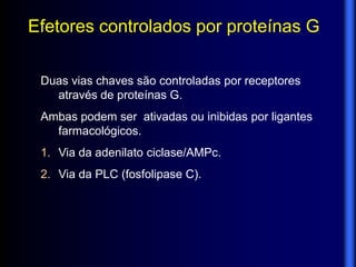 Efetores controlados por proteínas G

 Duas vias chaves são controladas por receptores
   através de proteínas G.
 Ambas podem ser ativadas ou inibidas por ligantes
   farmacológicos.
 1. Via da adenilato ciclase/AMPc.
 2. Via da PLC (fosfolipase C)‫‏‬
                              .
 