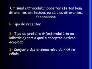 Um sinal extracelular pode ter efeitos bem
diferentes em tecidos ou células diferentes,
               dependendo:

1- Tipo de receptor

2- Tipo da proteína G (estimulatória ou
inibitória) com a qual o receptor estiver
acoplado

3- Conjunto das enzimas-alvo da PKA na
célula
 