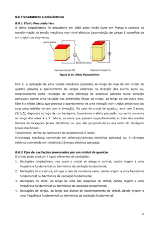 14
8.6 Transdutores piezoeléctricos
8.6.1 Efeito Piezoeléctrico
O efeito piezoeléctrico foi descoberto em 1880 pelos irmão Curie em França e consiste na
transformação de tensão mecânica num sinal eléctrico (acumulação de cargas à superfície de
um cristal) ou vice-versa.
Figura 8.14. Efeito Piezoeléctrico
Isto é, a aplicação de uma tensão mecânica (pressão) ao longo do eixo de um cristal de
quartzo provoca o aparecimento de cargas eléctricas na direcção dos outros eixos ou,
reciprocamente como resultado de uma diferença de potencial aplicada numa direcção
particular, ocorre uma variação nas dimensões físicas do cristal, ao longo de um outro eixo.
Este é o efeito básico que provoca o aparecimento de uma vibração num cristal anisótropo (as
suas propriedades variam com a direcção). No caso do cristal de quartzo, este tem 3 eixos,
(X;Y;Z), dispostos ao logo de um hexágono, fazendo-se o efeito piezoeléctrico sentir somente
ao longo dos eixos X e Y. Isto é, os eixos que passam respectivamente através das arestas
laterais do hexágono (eixos eléctricos) ou que são perpendiculares aos lados do hexágono
(eixos mecânicos).
Tipicamente, define-se coeficiente de acoplamento à razão:
K=(energia mecânica convertida em eléctrica)/(energia mecânica aplicada) ou, K=(Energia
eléctrica convertida em mecânica)/(Energia eléctrica aplicada).
8.6.2 Tipo de oscilações provocadas por um cristal de quartzo
O cristal pode produzir 4 tipos diferentes de oscilações:
1. Oscilações longitudinais, nas quais o cristal se alarga e contrai, dando origem a uma
frequência fundamental ou harmónica da oscilação fundamental;
2. Oscilações de curvatura, em que o raio de curvatura varia, dando origem a uma frequência
fundamental ou harmónica da oscilação fundamental;
3. Oscilações de corte, ao longo de uma das diagonais do cristal, dando origem a uma
frequência fundamental ou harmónica da oscilação fundamental;
4. Oscilações de torção, ao longo dos planos de escorregamento do cristal, dando origem a
uma frequência fundamental ou harmónica da oscilação fundamental.
 