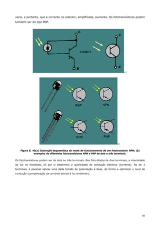 40
varie, e portanto, que a corrente no colector, amplificada, aumente. Os fototransístores podem
também ser do tipo PNP.
a)
b)
Figura 8. 40(a) Ilustração esquemática do modo de funcionamento de um fototransístor NPN; (b)
exemplos de diferentes fototransístores NPN e PNP de dois e três terminais.
Os fototransístores podem ser de dois ou três terminais. Nos foto-díodos de dois terminais, a intensidade
da luz no fotodíodo, só por si determina a quantidade de condução eléctrica (corrente). No de 3
terminais, é possível aplicar uma dada tensão de polarização à base, de forma a optimizar o nível de
condução (compensação da corrente devida à luz ambiente).
 