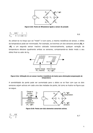 6
Figura 8.3b: Ponte de Wheatstone ligada a sensor de pressão
⎟
⎠
⎞
⎜
⎝
⎛
+
=
2/1
1
4
0
GK
GK
V
V
EX
8.6
Ao utilizar-se no braço que vai “medir” e num outro, a mesma resistência de sensor, o efeito
da temperatura pode ser minimizado. Por exemplo, se tivermos um dos sensores activos (RG +
∆R), e um segundo sensor inactivo colocado transversalmente, qualquer variação de
temperatura afectara igualmente ambos os sensores, compensando-se deste modo o seu
efeito final no valor de V0.
Figura 8.4a: Utilização de um sensor inactivo (resistência de teste) para eliminação/compensação da
temperatura.
A sensibilidade da ponte pode ser aumentada para o dobro se se fizer com que os dois
sensores sejam activos em cada uma das metades da ponte, tal como se ilustra na figura que
se segue.
Figura 8.4b: Ponte com dois elementos sensoriais activos.
2
0 GK
V
V
EX
= 8.7
 