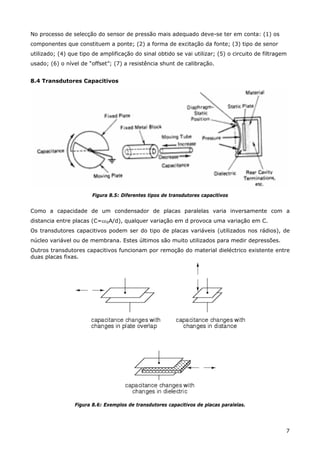 7
No processo de selecção do sensor de pressão mais adequado deve-se ter em conta: (1) os
componentes que constituem a ponte; (2) a forma de excitação da fonte; (3) tipo de senor
utilizado; (4) que tipo de amplificação do sinal obtido se vai utilizar; (5) o circuito de filtragem
usado; (6) o nível de “offset”; (7) a resistência shunt de calibração.
8.4 Transdutores Capacitivos
Figura 8.5: Diferentes tipos de transdutores capacitivos
Como a capacidade de um condensador de placas paralelas varia inversamente com a
distancia entre placas (C=εε0A/d), qualquer variação em d provoca uma variação em C.
Os transdutores capacitivos podem ser do tipo de placas variáveis (utilizados nos rádios), de
núcleo variável ou de membrana. Estes últimos são muito utilizados para medir depressões.
Outros transdutores capacitivos funcionam por remoção do material dieléctrico existente entre
duas placas fixas.
Figura 8.6: Exemplos de transdutores capacitivos de placas paralelas.
 