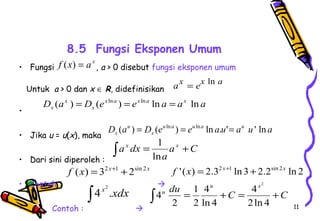 11 
8.5 Fungsi Eksponen Umum 
f (x) = a x 
• Fungsi , a > 0 disebut fungsi eksponen umum 
Untuk a > 0 dan x Î R, didefinisikan 
• 
• Jika u = u(x), maka 
• Dari sini diperoleh : 
1 
ax dx x 
• Contoh :  
• Contoh :  
ax = ex ln a 
D a D ex a ex a a ax a 
x 
x 
x ( ) = ( ln ) = ln ln = ln 
D a D eu a eu a a u au u a 
x 
u 
x ( ) = ( ln ) = ln ln . '= ' ln 
ò = a +C 
a 
ln 
f (x) = 32x+1 +2sin 2x 
f '(x) = 2.32x+1 ln 3+2.2sin 2x ln 2 
ò4x .xdx 2 
du u 4 
x 
C C 4 
2 
ò u = + = + ln 4 
2ln 4 
1 
2 
4 
2 
 