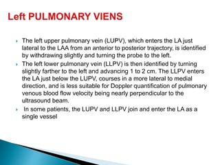  The left upper pulmonary vein (LUPV), which enters the LA just
lateral to the LAA from an anterior to posterior trajectory, is identified
by withdrawing slightly and turning the probe to the left.
 The left lower pulmonary vein (LLPV) is then identified by turning
slightly farther to the left and advancing 1 to 2 cm. The LLPV enters
the LA just below the LUPV, courses in a more lateral to medial
direction, and is less suitable for Doppler quantification of pulmonary
venous blood flow velocity being nearly perpendicular to the
ultrasound beam.
 In some patients, the LUPV and LLPV join and enter the LA as a
single vessel
 