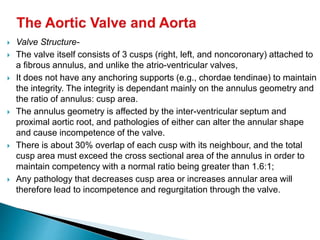  Valve Structure-
 The valve itself consists of 3 cusps (right, left, and noncoronary) attached to
a fibrous annulus, and unlike the atrio-ventricular valves,
 It does not have any anchoring supports (e.g., chordae tendinae) to maintain
the integrity. The integrity is dependant mainly on the annulus geometry and
the ratio of annulus: cusp area.
 The annulus geometry is affected by the inter-ventricular septum and
proximal aortic root, and pathologies of either can alter the annular shape
and cause incompetence of the valve.
 There is about 30% overlap of each cusp with its neighbour, and the total
cusp area must exceed the cross sectional area of the annulus in order to
maintain competency with a normal ratio being greater than 1.6:1;
 Any pathology that decreases cusp area or increases annular area will
therefore lead to incompetence and regurgitation through the valve.
 