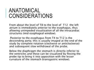 ANATOMICAL
CONSIDERATIONS
From about the level of T8 to the level of T12 the left
atrium is immediately anterior to the esophagus, thus
allowing unimpeded visualization of all the intracardiac
structures (mid esophageal window).
Posterior to the esophagus from T4 to T12 is the
descending aorta; this is usually imaged at the end of the
study by complete rotation (clockwise or anticlockwise)
and subsequent slow withdrawal of the probe.
Below the diaphragm the stomach is directly inferior to
the ventricles and these can be visualized by flexing the
probe tip to bring it into apposition with the lesser
curvature of the stomach (transgastric window).
 