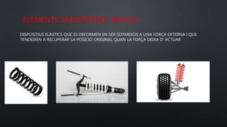 ELEMENTS AMORTIDORS: MOLLES
DISPOSITIUS ELÀSTICS QUE ES DEFORMEN EN SER SOTMESOS A UNA FORÇA EXTERNA I QUE
TENDEIXEN A RECUPERAR LA POSICIÓ ORIGINAL QUAN LA FORÇA DEIXA D’ ACTUAR
 