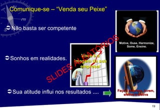 Não basta ser competente Sonhos em realidades. Sua atitude influi nos resultados .... Comunique-se – “Venda seu Peixe” SLIDES ALEATÓRIOS Você é a imagem da sua empresa! Motive, Ouse, Harmonize, Some, Ensine. Faça a empresa, jovem, efetiva e afetiva 