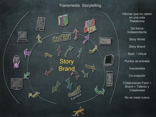 Transmedia Storytelling

                          Hitorias que no caben
                                en una sola
                                Plataforma

                               De forma
                             Independiente

                              Story World

                              Story Brand

                              Real / Virtual

Story                      Puntos de entrada

Brand                         Inacabadas

                              Co-creación

                          Colaboración Fans +
                           Brand + Talento y
                              Creatividad

                           No es nada nuevo
 