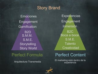 Story Brand
      Emociones                   Experiencias
     Engagement                   Engagement
    Gamification                   Inmersión
        B2D                           B2C
      S.M.M.                      Boca a boca
       S.M.E.                       S.M.E.
     Storytelling                   Talento
     Story World                   Creatividad

Perfect Formula             Perfect Content
                            El marketing está dentro de la
 Arquitectura Transmedia            experiencia
 