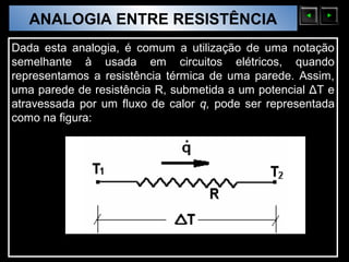 ANALOGIA ENTRE RESISTÊNCIA
  Sólidos Moleculares

Dada esta analogia, é comum a utilização de uma notação
semelhante à usada em circuitos elétricos, quando
representamos a resistência térmica de uma parede. Assim,
uma parede de resistência R, submetida a um potencial ΔT e
atravessada por um fluxo de calor q, pode ser representada
como na figura:
 