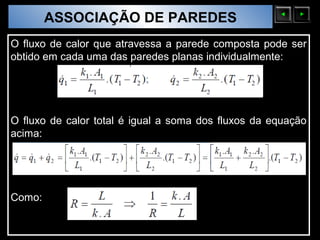 ASSOCIAÇÃO DE PAREDES
  Sólidos Moleculares

O fluxo de calor que atravessa a parede composta pode ser
obtido em cada uma das paredes planas individualmente:




O fluxo de calor total é igual a soma dos fluxos da equação
acima:




Como:
 