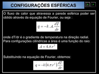 CONFIGURAÇÕES ESFÉRICAS
  Sólidos Moleculares

O fluxo de calor que atravessa a parede esférica poder ser
obtido através da equação de Fourier, ou seja :




onde dT/dr é o gradiente de temperatura na direção radial.
Para configurações cilíndricas a área é uma função do raio:



Substituindo na equação de Fourier, obtemos:
 