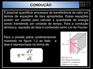 Sólidos Moleculares
                        CONDUÇÃO

É possível quantificar processos de transferência de calor em
termos de equações de taxa apropriadas. Essas equações
podem ser usadas para calcular a quantidade de energia
sendo transferida por unidade de tempo. Para a condução
térmica,a equação da taxa é conhecida como Lei de Fourier.


Para a parede plana unidimensional,
mostrada na figura 1.3 ao lado, a
taxa é representada na forma de:

               dT
            q∝
               dL
 