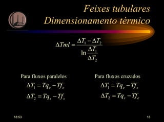 18:53 18
Feixes tubulares
Dimensionamento térmico
2
1
21
ln
T
T
TT
Tml
∆
∆
∆−∆
=∆
Para fluxos paralelos Para fluxos cruzados
ee TfTqT −=∆ 1 se TfTqT −=∆ 1
es TfTqT −=∆ 2ss TfTqT −=∆ 2
 