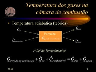 18:53 4
Temperatura dos gases na
câmara de combustão
• Temperatura adiabática (teórica)
gásQ&
arQ&
lcombustíveQ& combustãonageradoQ&
Fornalha
cinzaQ&
1a Lei da Termodinâmica
cinzagáslcombustívearcombustãonagerado QQQQQ &&&&& +=++
 