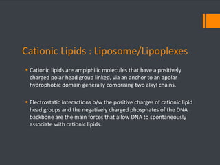Cationic Lipids : Liposome/Lipoplexes 
 Cationic lipids are ampiphilic molecules that have a positively 
charged polar head group linked, via an anchor to an apolar 
hydrophobic domain generally comprising two alkyl chains. 
 Electrostatic interactions b/w the positive charges of cationic lipid 
head groups and the negatively charged phosphates of the DNA 
backbone are the main forces that allow DNA to spontaneously 
associate with cationic lipids. 
 