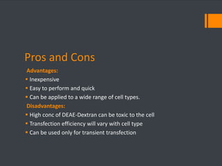 Pros and Cons 
Advantages: 
 Inexpensive 
 Easy to perform and quick 
 Can be applied to a wide range of cell types. 
Disadvantages: 
 High conc of DEAE-Dextran can be toxic to the cell 
 Transfection efficiency will vary with cell type 
 Can be used only for transient transfection 
 