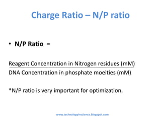 Charge Ratio – N/P ratio
• N/P Ratio =
Reagent Concentration in Nitrogen residues (mM)
DNA Concentration in phosphate moeities (mM)
*N/P ratio is very important for optimization.
www.technologyinscience.blogspot.com
 