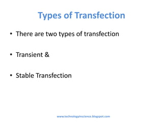 Types of Transfection
• There are two types of transfection
• Transient &
• Stable Transfection
www.technologyinscience.blogspot.com
 