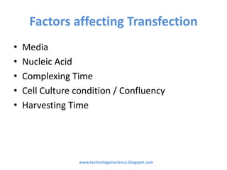 Factors affecting Transfection
• Media
• Nucleic Acid
• Complexing Time
• Cell Culture condition / Confluency
• Harvesting Time
www.technologyinscience.blogspot.com
 