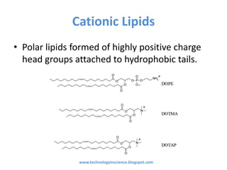 Cationic Lipids
• Polar lipids formed of highly positive charge
head groups attached to hydrophobic tails.
www.technologyinscience.blogspot.com
 
