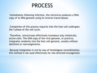 Immediately following infection, the retrovirus produces a DNA
copy of its RNA genome using its reverse transcriptase.
Completion of this process requires that the host cell undergoes
the S phase of the cell cycle.
Therefore, retroviruses effectively transduce only mitotically
active cells. The DNA copy of the viral genome, or provirus,
integrates randomly into the host cell genome, usually without
deletions or rearrangements.
Because integration is not by way of homologous recombination,
this method is not used effectively for site-directed mutagenesis
PROCESS
 
