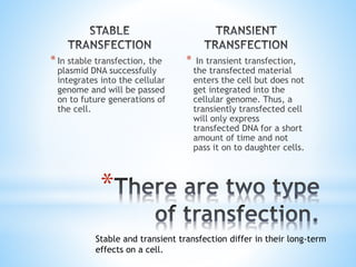 *In stable transfection, the
plasmid DNA successfully
integrates into the cellular
genome and will be passed
on to future generations of
the cell.
* In transient transfection,
the transfected material
enters the cell but does not
get integrated into the
cellular genome. Thus, a
transiently transfected cell
will only express
transfected DNA for a short
amount of time and not
pass it on to daughter cells.
*
Stable and transient transfection differ in their long-term
effects on a cell.
 