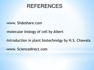 REFERENCES
-www. Slideshare.com
-molecular biology of cell by Albert
-Introduction in plant biotechnolgy by H.S. Chawala
-www. Sciencedirect.com
 