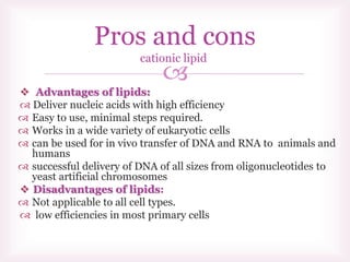 
 Advantages of lipids:
 Deliver nucleic acids with high efficiency
 Easy to use, minimal steps required.
 Works in a wide variety of eukaryotic cells
 can be used for in vivo transfer of DNA and RNA to animals and
humans
 successful delivery of DNA of all sizes from oligonucleotides to
yeast artificial chromosomes
 Disadvantages of lipids:
 Not applicable to all cell types.
 low efficiencies in most primary cells
Pros and cons
cationic lipid
 