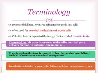  process of deliberately introducing nucleic acids into cells.
 often used for non-viral methods in eukaryotic cells.
 Cells that have incorporated the foreign DNA are called transfectants.
Terminology
Transfection: this term is reserved to describe nonviral gene
delivery method in eukariotic in animal cell.
Transformation: this term is reserved to describe nonviral gene delivery
method in bacteria and nonanimal eukaryotic cell
Transduction or infecion :is a reserved to define gene delivery method using viruses.
 