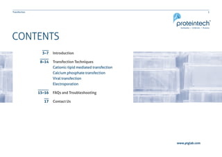 2Transfection
CONTENTS
Introduction
Transfection Techniques
Cationic-lipid mediated transfection
Calcium phosphate transfection
Viral transfection
Electroporation
FAQs and Troubleshooting
Contact Us
3–7
8–14
www.ptglab.com
15–16
17
 
