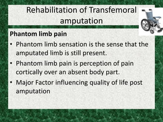 Rehabilitation of Transfemoral
amputation
Phantom limb pain
• Phantom limb sensation is the sense that the
amputated limb is still present.
• Phantom limb pain is perception of pain
cortically over an absent body part.
• Major Factor influencing quality of life post
amputation
 