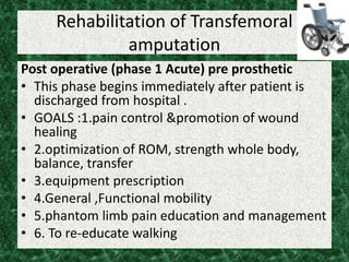 Rehabilitation of Transfemoral
amputation
Post operative (phase 1 Acute) pre prosthetic
• This phase begins immediately after patient is
discharged from hospital .
• GOALS :1.pain control &promotion of wound
healing
• 2.optimization of ROM, strength whole body,
balance, transfer
• 3.equipment prescription
• 4.General ,Functional mobility
• 5.phantom limb pain education and management
• 6. To re-educate walking
 