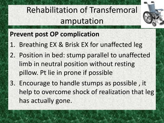 Rehabilitation of Transfemoral
amputation
Prevent post OP complication
1. Breathing EX & Brisk EX for unaffected leg
2. Position in bed: stump parallel to unaffected
limb in neutral position without resting
pillow. Pt lie in prone if possible
3. Encourage to handle stumps as possible , it
help to overcome shock of realization that leg
has actually gone.
 