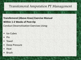 Transfemoral Amputation PT Management
Transfemoral (Above Knee) Exercise Manual
Within 1-2 Weeks of Post-Op
Conduct Desensitization Exercises Using:
• Ice Cubes
• Pin
• Towel
• Deep Pressure
• Heat
• Brush
 