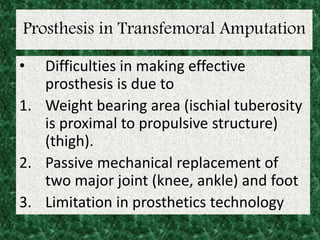 Prosthesis in Transfemoral Amputation
• Difficulties in making effective
prosthesis is due to
1. Weight bearing area (ischial tuberosity
is proximal to propulsive structure)
(thigh).
2. Passive mechanical replacement of
two major joint (knee, ankle) and foot
3. Limitation in prosthetics technology
 