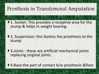 Prosthesis in Transfemoral Amputation
1. Socket: This provides a receptive area for the
stump & helps in weight bearing.
2. Suspension: this fastens the prosthesis to the
stump
3.Joints : these are artificial mechanical joints
replacing original joints.
4.Base:the part of contact b/w prosthesis &floor
 