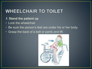 1. Stand the patient up
• Lock the wheelchair.
• Be sure the person’s feet are under his or her body.
• Grasp the back of a belt or pants and lift.
 
