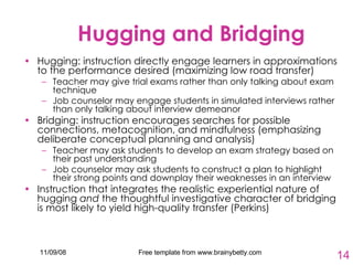 Hugging and Bridging Hugging: instruction directly engage learners in approximations to the performance desired (maximizing low road transfer)  Teacher may give trial exams rather than only talking about exam technique Job counselor may engage students in simulated interviews rather than only talking about interview demeanor Bridging: instruction encourages searches for possible connections, metacognition, and mindfulness (emphasizing deliberate conceptual planning and analysis)  Teacher may ask students to develop an exam strategy based on their past understanding Job counselor may ask students to construct a plan to highlight their strong points and downplay their weaknesses in an interview Instruction that integrates the realistic experiential nature of hugging  and  the thoughtful investigative character of bridging is most likely to yield high-quality transfer (Perkins) 