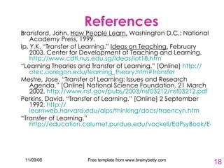 References Bransford, John.  How People Learn.  Washington D.C.: National Academy Press, 1999. Ip, Y.K. “Transfer of Learning.”  Ideas on Teaching.  February 2003. Center for Development of Teaching and Learning.  http://www.cdtl.nus.edu.sg/Ideas/iot18.htm  “ Learning Theories and Transfer of Learning.” [Online]  http:// otec.uoregon.edu/learning_theory.htm#transfer Mestre, Jose. “Transfer of Learning: Issues and Research Agenda.” [Online] National Science Foundation. 21 March 2002.  http://www.nsf.gov/pubs/2003/nsf03212/nsf03212.pdf   Perkins, David. “Transfer of Learning.” [Online] 2 September 1992.  http:// learnweb.harvard.edu/alps/thinking/docs/traencyn.htm   “ Transfer of Learning.”  http://education.calumet.purdue.edu/vockell/EdPsyBook/Edpsy6/edpsy6_transfer.htm  